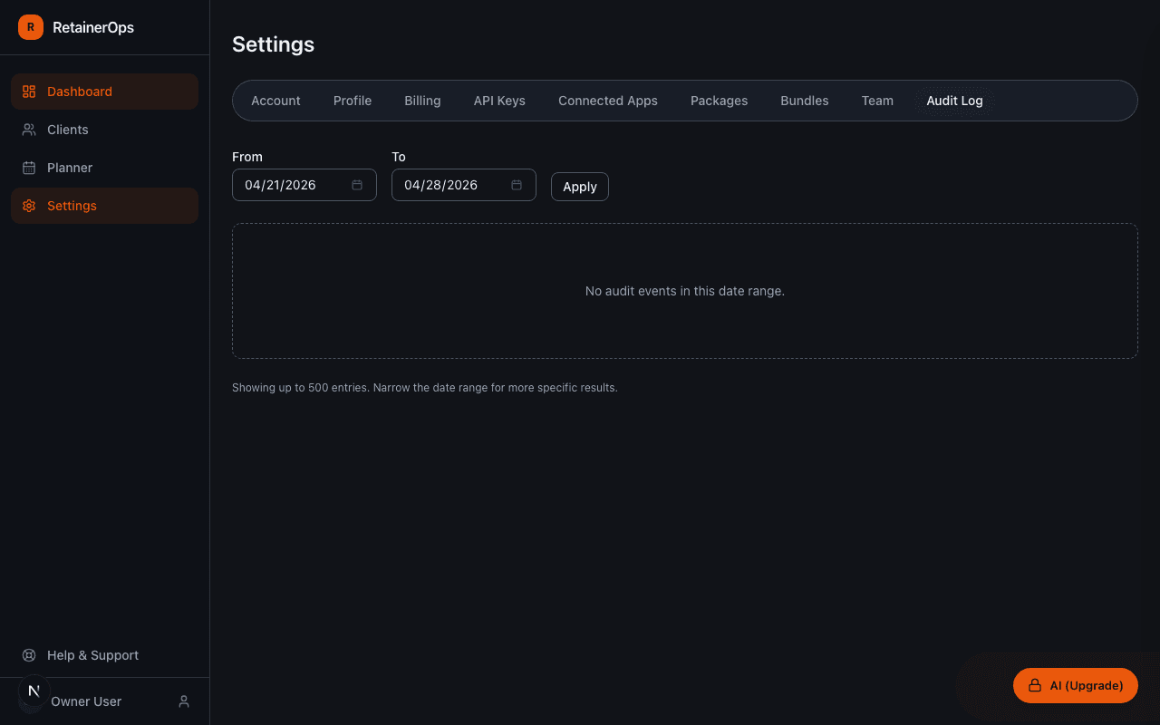 Activity log showing a chronological list of workspace actions