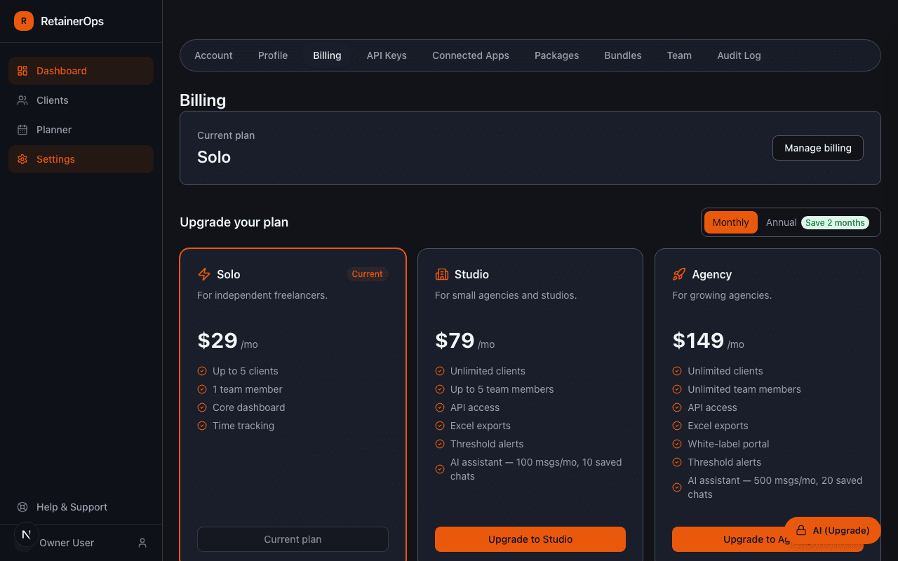 Billing settings page showing current plan and payment options
