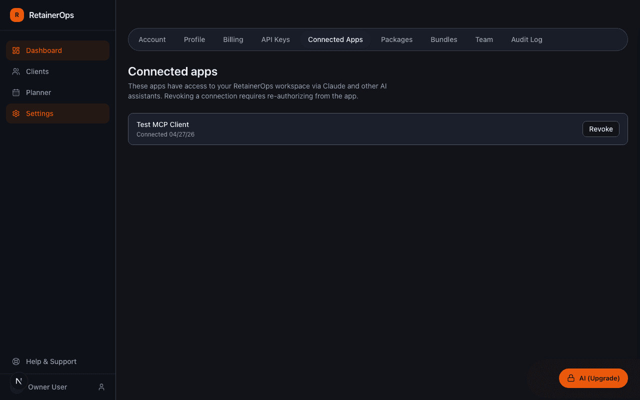 Connected Apps settings page showing an active Claude connection