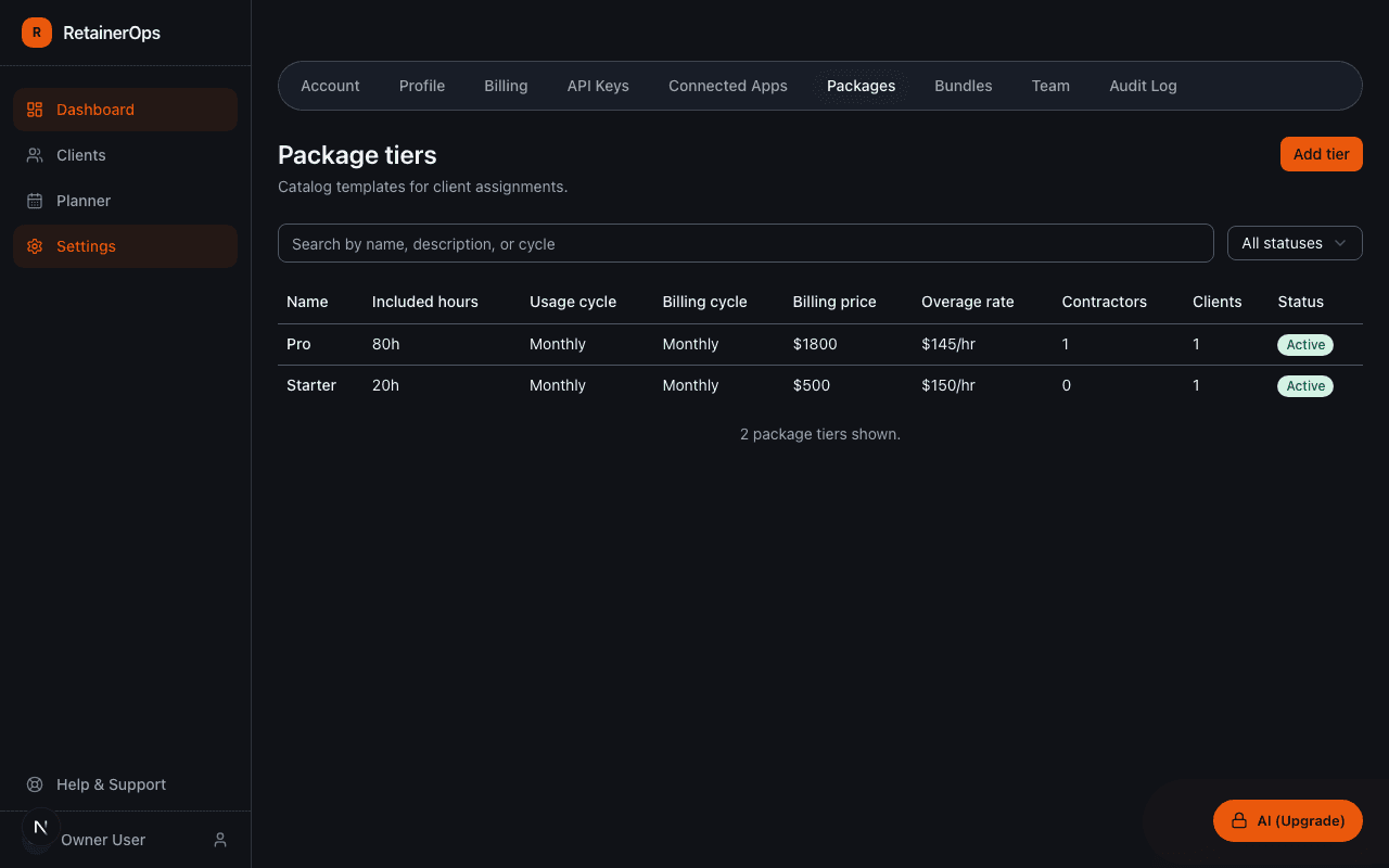Package tiers settings page showing a list of defined packages