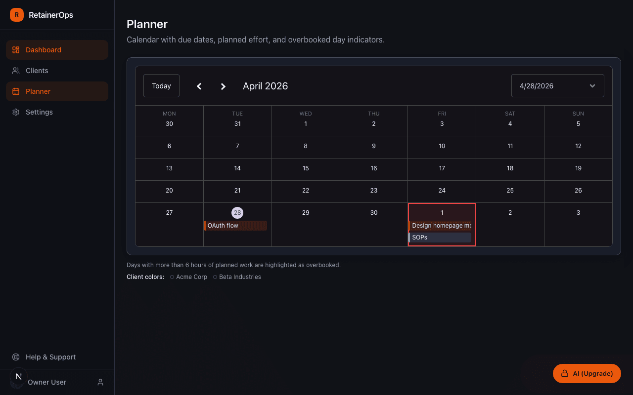 RetainerOps Planner calendar view showing tasks across multiple clients