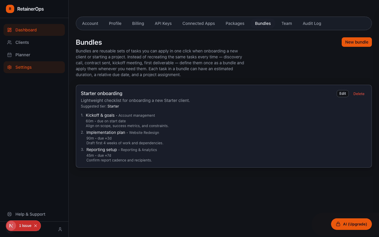 Task bundles settings page showing saved bundles