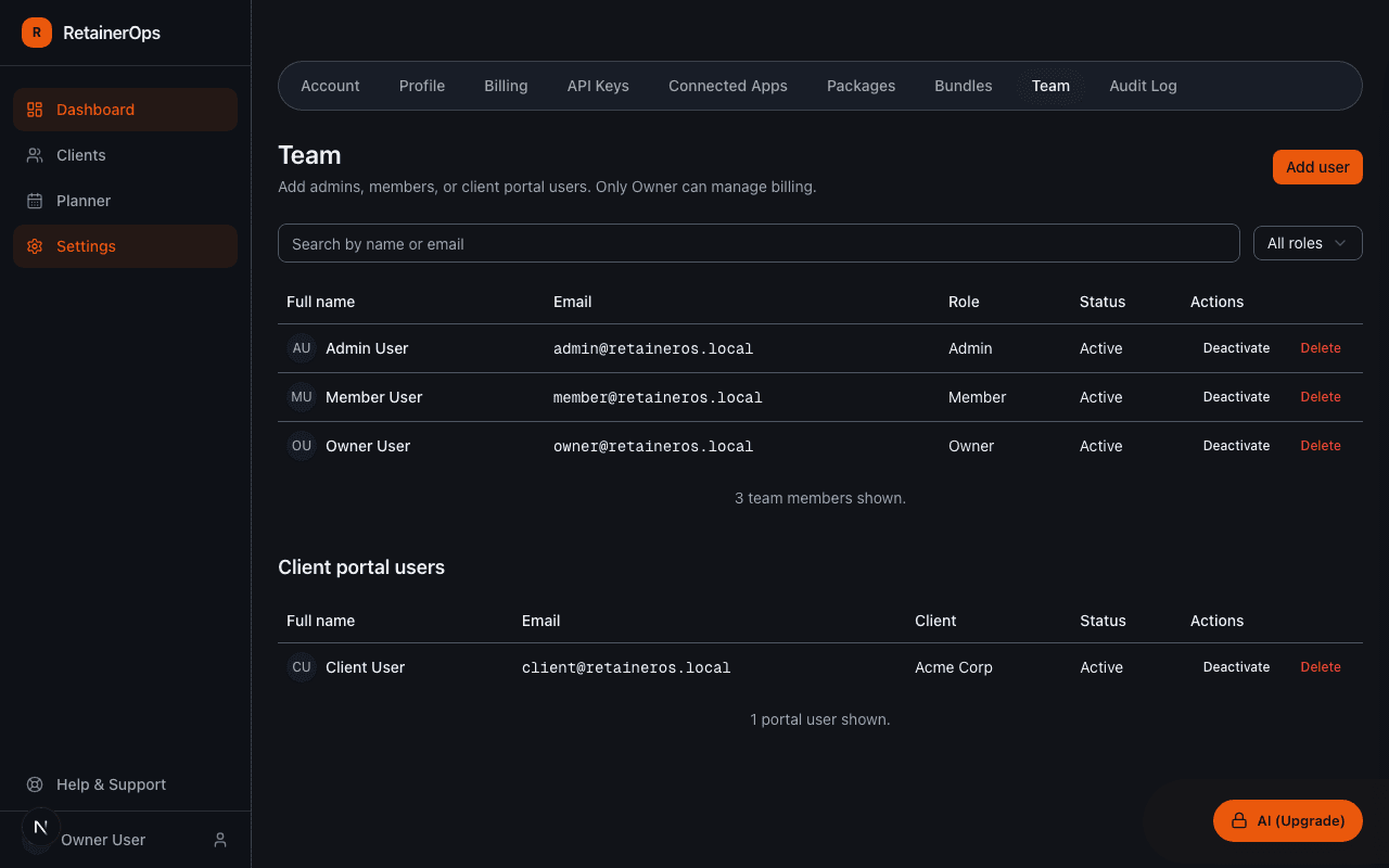 Users settings page showing team members and their roles