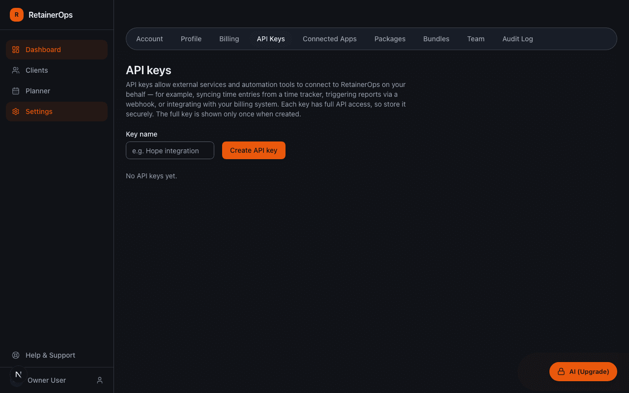 API keys settings page showing generated keys and usage