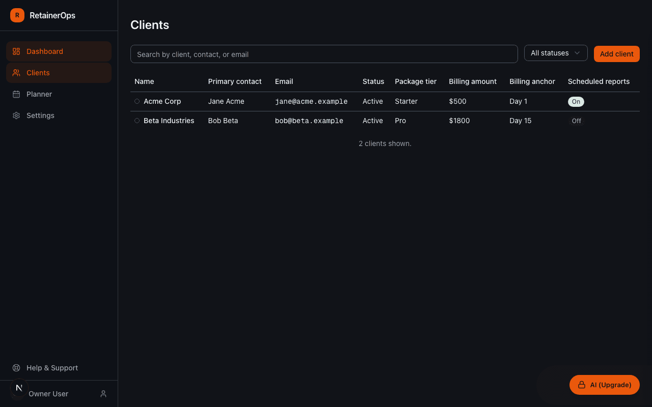Clients list view showing client cards with usage bars